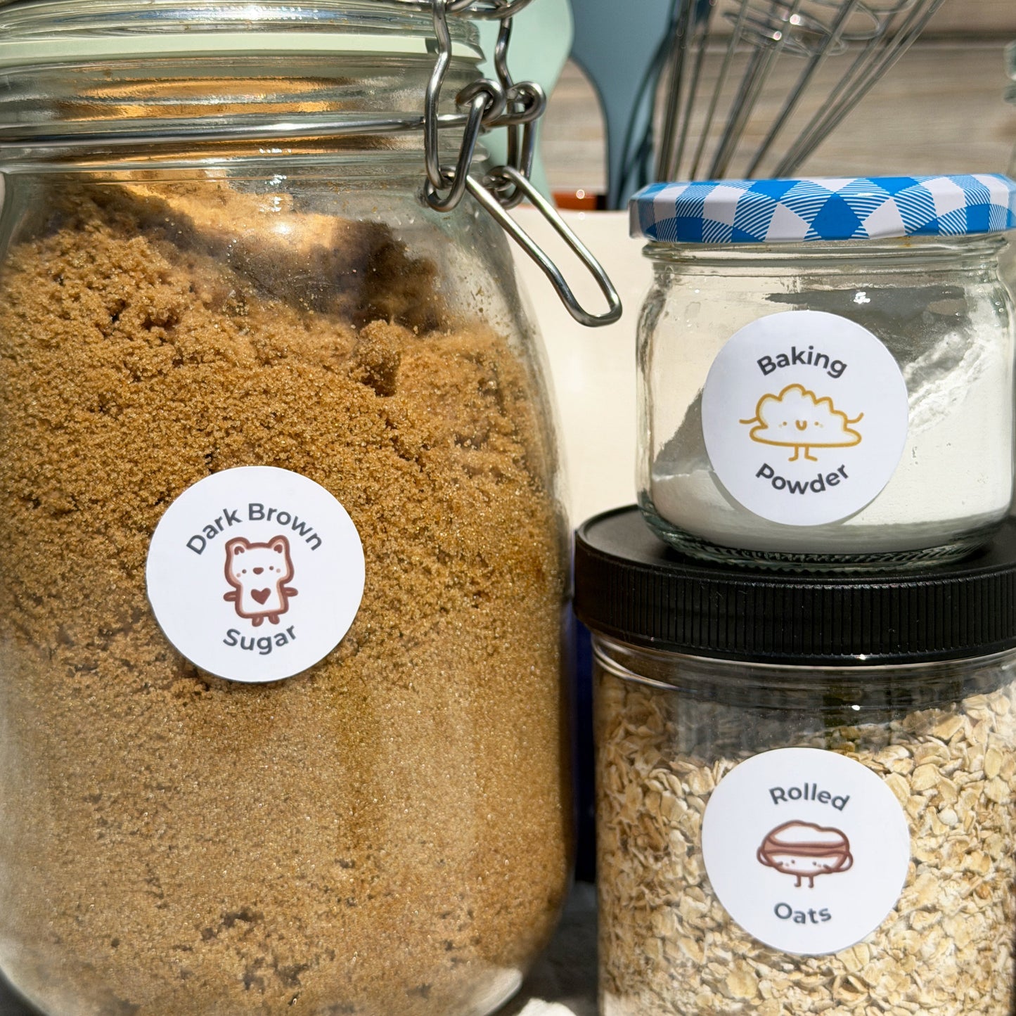 three jars with spice babies baking labels