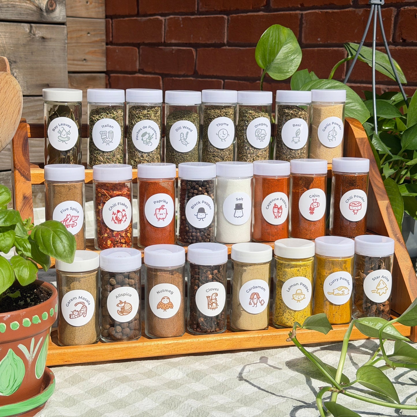 Spice rack filled with various jars of spices with spice babies labels on them.